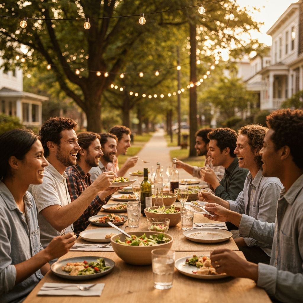 Neighbors sharing home-cooked meals on a sunny street