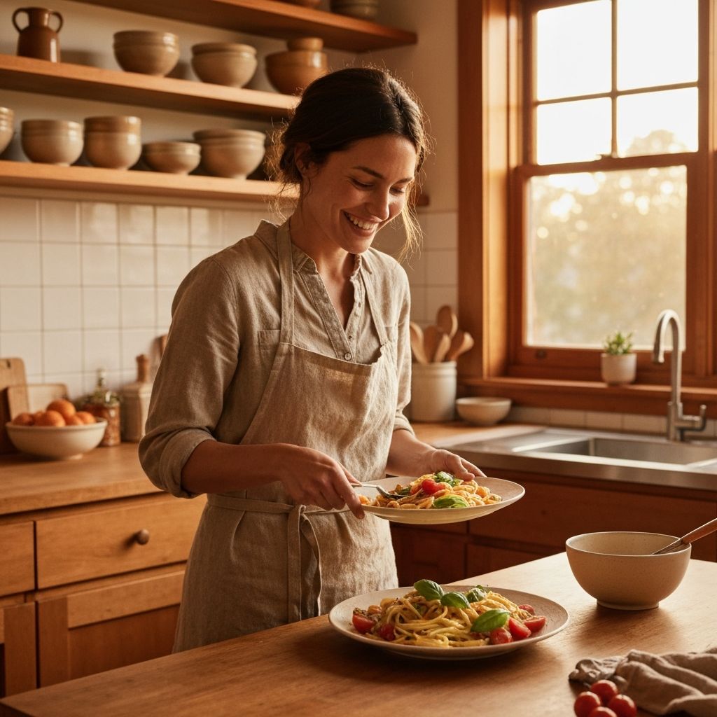 A host preparing a home-cooked meal in their kitchen